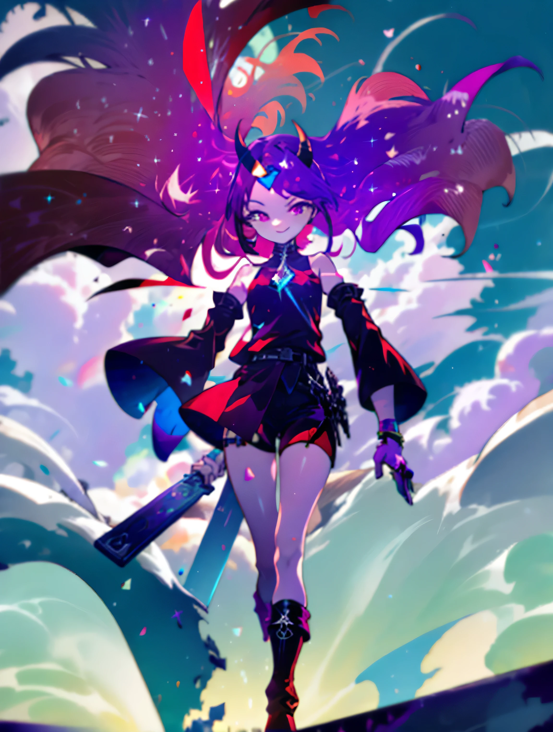 absurdres, masterpiece, 16k, uhd, (8k, RAW photo, best quality, masterpiece:1.2),(best quality, masterpiece:1.2), (Beautiful detailed background),  1girl, solo, full body, smiling, bright pink eyes, BREAK, ((long dark purple hair)), hair blowing in wind, hime cut bangs, eyeshadow, tiny oni horns, BREAK ((cyan clothes)), BREAK (((detached sleeves))), bare shoulders, (red hip armor), (red leg armor), (((red boots))), BREAK, black short shorts, black vambrace, gauntlet, (holding a sword), BREAK, cloudy grey sky, Watercolor style, confident, colorful, mahou shoujo, magical girl, cyberpunk, a heroic heroine from a fashionable futuristic world,