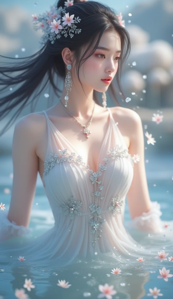 a close up of a woman in a dress near a body of water, ethereal beauty, white hanfu, ao dai, palace , a girl in hanfu, cheongsam, wearing a luxurious silk cloak, a stunning young ethereal figure, wearing beautiful clothes, beautiful goddess, detailed dress and face, ruan jia beautiful!, chinese dress, with acient chinese clothes