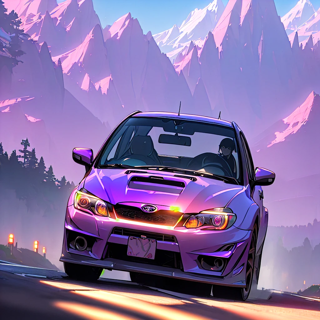 (a retro wave subaru wrx sti 2020 on the road,purple neon lights,sun,mountain,wallpaper,best quality,masterpiece,ultra-detailed,photorealistic,photo-realistic,surreal)