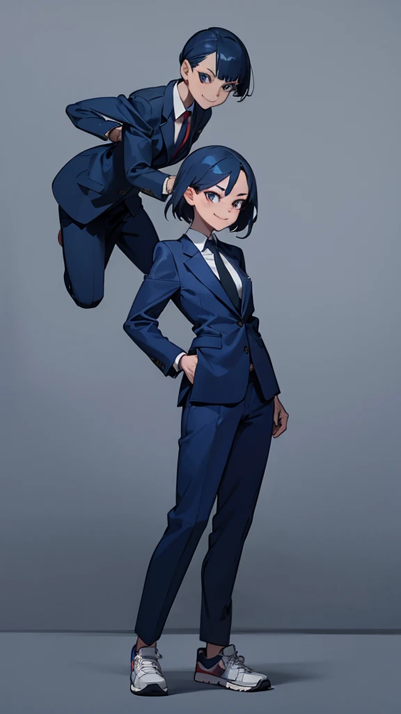 Navy Blue Hair,Wicked Smile,criminal,woman,sneakers,Standing posture,Running,suit