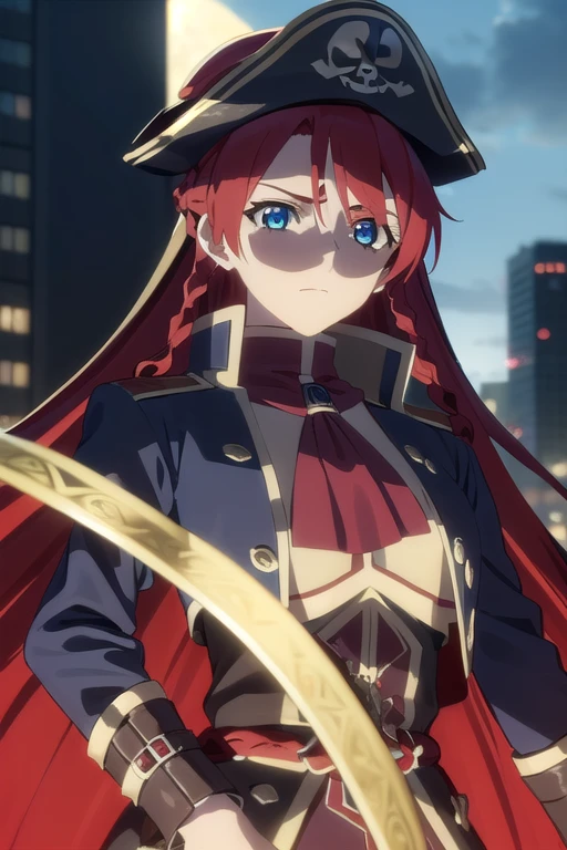 selesiaupitiria, selesia upitiria, long hair, blue eyes, braid, red hair, multicolored hair, twin braids, two-tone hair, big breasts, muscular body
(black pirate long-coat uniform), long-sleeves, (red ascot), epaulettes, (black wide-brim pirate hat), black hat
outdoor, city, night, sky, buildings, moon, clouds, (very dark)
looking at viewer, facing the viewer, (close-up),
(masterpiece:1.2), best quality, high resolution, unity 8k wallpaper, (illustration:0.8), (beautiful detailed eyes:1.6), extremely detailed face, perfect lighting, extremely detailed CG, (perfect hands, perfect anatomy)