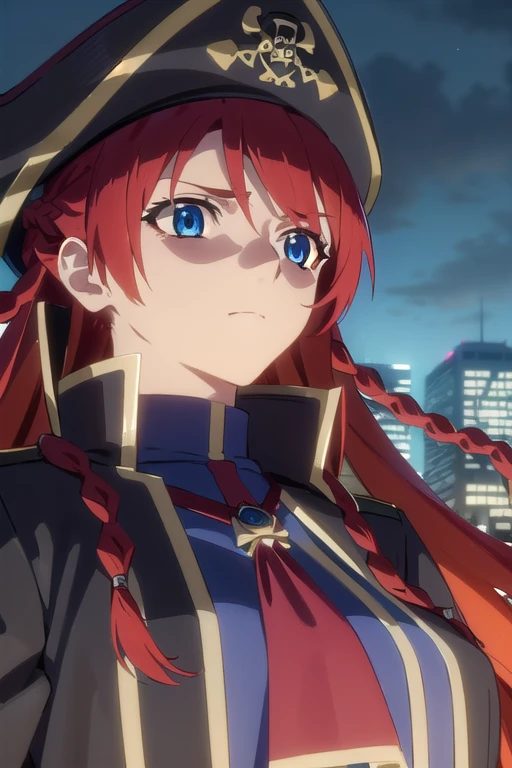 selesiaupitiria, selesia upitiria, long hair, blue eyes, braid, red hair, multicolored hair, twin braids, two-tone hair, big breasts, muscular body
(black pirate long-coat uniform), long-sleeves, (red ascot), epaulettes, (black wide-brim pirate hat), black hat
outdoor, city, night, sky, buildings, moon, clouds, (very dark)
looking at viewer, facing the viewer, (close-up),
(masterpiece:1.2), best quality, high resolution, unity 8k wallpaper, (illustration:0.8), (beautiful detailed eyes:1.6), extremely detailed face, perfect lighting, extremely detailed CG, (perfect hands, perfect anatomy)