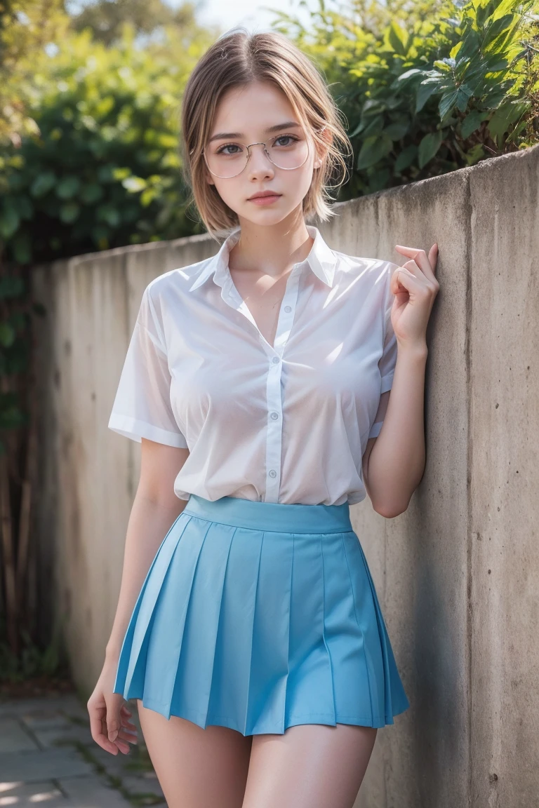 (masterpiece:1.3, highest quality, Ultra-high resolution, Very detailed), (Realistic:1.1, photoRealistic:1.4), beautiful photo, Perfect lighting, colorful, Written boundary depth, 
Beautiful detailsまでこだわった髪, Beautifully detailed face, Beautiful details, Beautiful clavicle, Beautiful body, Beautiful breasts, Beautiful thighs, Beautiful legs, Beautiful fingers, 
View your audience, 1 girl, Japanese, high school girl, Perfect Face, (Perfect Anatomy, Anatomically correct), Cute and symmetrical face, Baby Face, Sunburn, Shiny skin, 
(Mid-length hair:1.5, blonde), Asymmetrical bangs, blue eyes, Long eyelashes, (Mid-chest), thin, 
((Collared short-sleeved shirt, Light blue shirt, , Grey plaid pleated skirt, To the Navy)), Sexy see-through white lace panties, 
(Beautiful views), evening, (Outdoor, distant cityscape), Are standing, (peace sign), (Cute Smile, Blushing、Upward glance, Open your mouth),