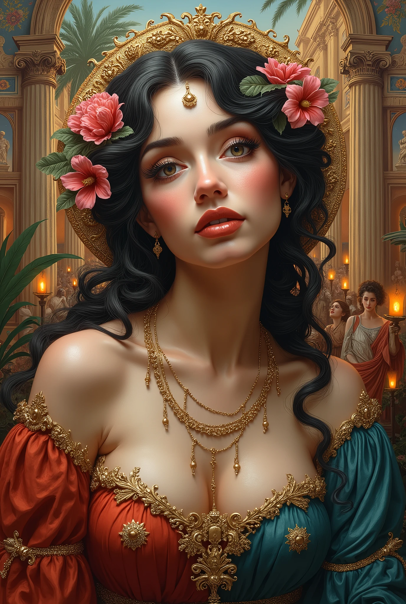 araffe,Ancient Rome,seductive meretrix,beautiful detailed eyes,beautiful detailed lips,extremely detailed eyes and face,longeyelashes,plaster carving,dramatic lighting,highly detailed,baroque style,vivid colors,marble materials,classic sculpture,soft focus,street scene,glowing lanterns,mysterious atmosphere,colorful clothing,architecture details,decorative motifs,colorful mosaic,fountain,romantic sunset,stone pathway,palm trees,people in togas,ornate jewelry,elaborate hairstyles,elaborate makeup,romantic encounter,statues of gods,ornate columns,impressive arches,fresco paintings,expensive perfumes,fine wines,sensual music,seductive dance,tempting fruits.