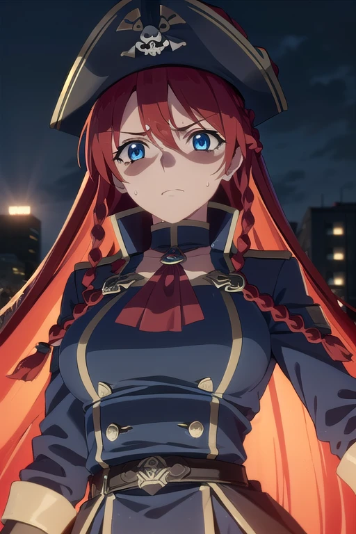 selesiaupitiria, selesia upitiria, long hair, blue eyes, braid, red hair, multicolored hair, twin braids, two-tone hair, big breasts, muscular body
(black pirate long-coat uniform), long-sleeves, (red ascot), epaulettes, (black wide-brim pirate hat), black hat
outdoor, city, night, sky, buildings, moon, clouds, (very dark)
looking at viewer, facing the viewer, (close-up), blush, sweat,
(masterpiece:1.2), best quality, high resolution, unity 8k wallpaper, (illustration:0.8), (beautiful detailed eyes:1.6), extremely detailed face, perfect lighting, extremely detailed CG, (perfect hands, perfect anatomy)