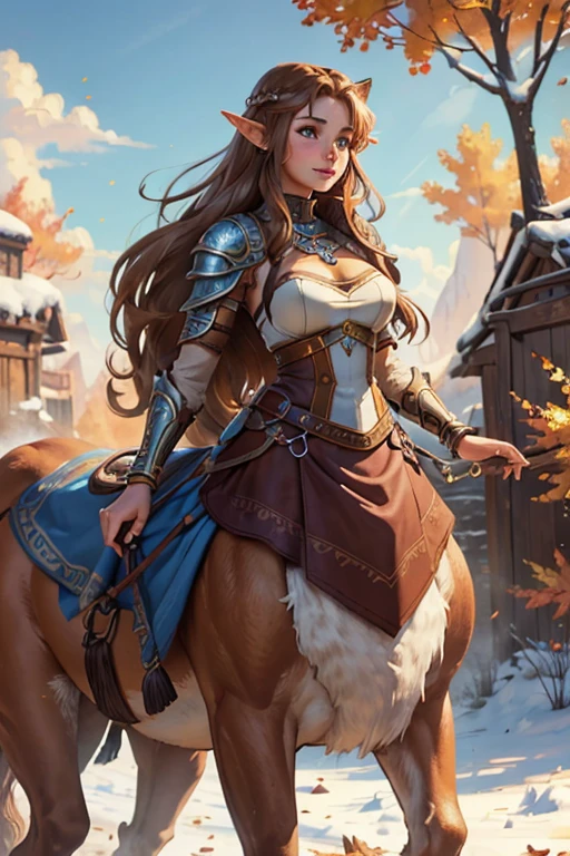 ((best quality))) (((HD))) (((8k))) (character) 20-year-old woman,  female centaur. Fantasy setting.  ((adventurous)) elf, ((beautiful)) and ((happy)), ((brown hair)) and ((long hair)), Centaur under body. Brown fur. freckles, ((tan garment)) and ((traveler garment)), one side blue earring, ((autumn colored garment)), ((one side blue jewel bracelet)), fantasy leather armor, In An open field. Its winter but the sun is shining. Blue sky.