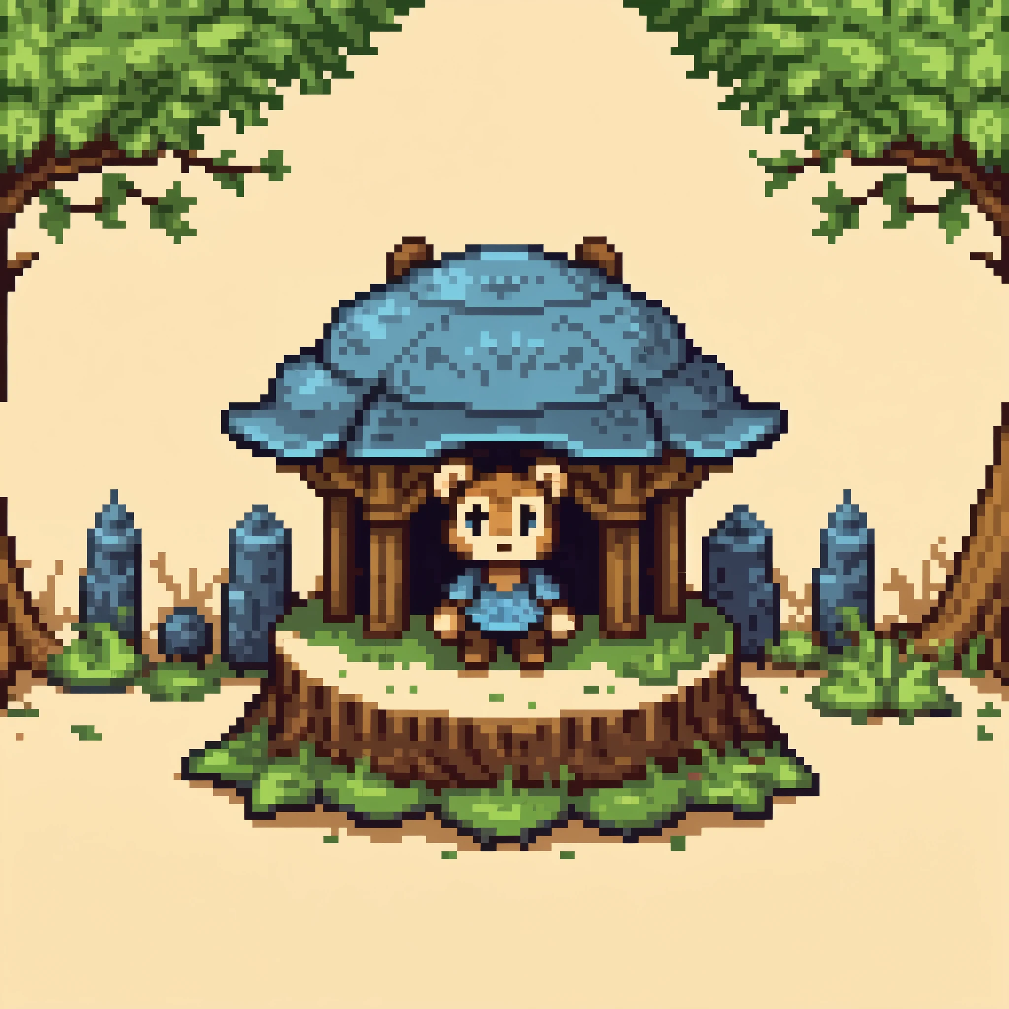 masterpiece, best quality, pixel art, 1 bear cub, cute, fantasy clothes, full body, sitting, forest background