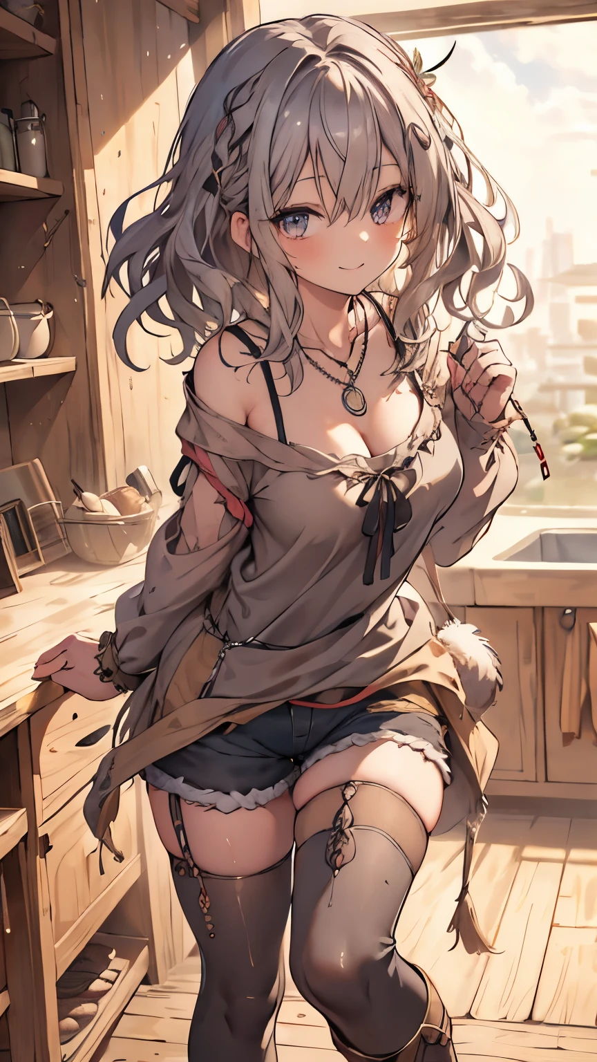 masterpiece, 1 girl, sparrow, a silver haired girl, wearing a medieval villager clothes, curly medium hair, messy hair, slim body, he close her left eye, shirt ornament, ruby eyes, ahoge, baby face, long sleeves, beautiful eyes, boots, droopy eyes, her age is 19, nagisa_bluearchive, seductive face, medium hair, seductive smile, curly hair, MongolPunkAI, medium breasts, view from right down, she tease you, lend a hand to you, she very close to you, smug smile, rainbow_one, farmer clothes, furry shorts, crocth tattoo, necklace, erotic smile, kitchen