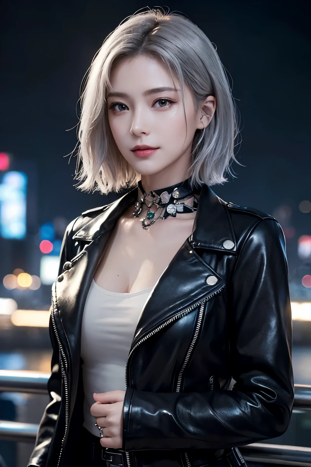 (((masterpiece)))、((((Highest quality))))、(((Super detailed)))、(Photorealistic)、Beautiful woman in cyberpunk fashion in black leather jacket、((Very delicate and beautiful face and eyes))、A lonely smile、Focus on the face、Slightly dark silver-gray short bob hair、Futuristic night city、Gorgeously illuminated buildings、Sharp Focus、Soft Focus、Cinematic Sophistication、Deep Shadows、Fantastic beauty、Wet with rain、Beautiful reflection of light、