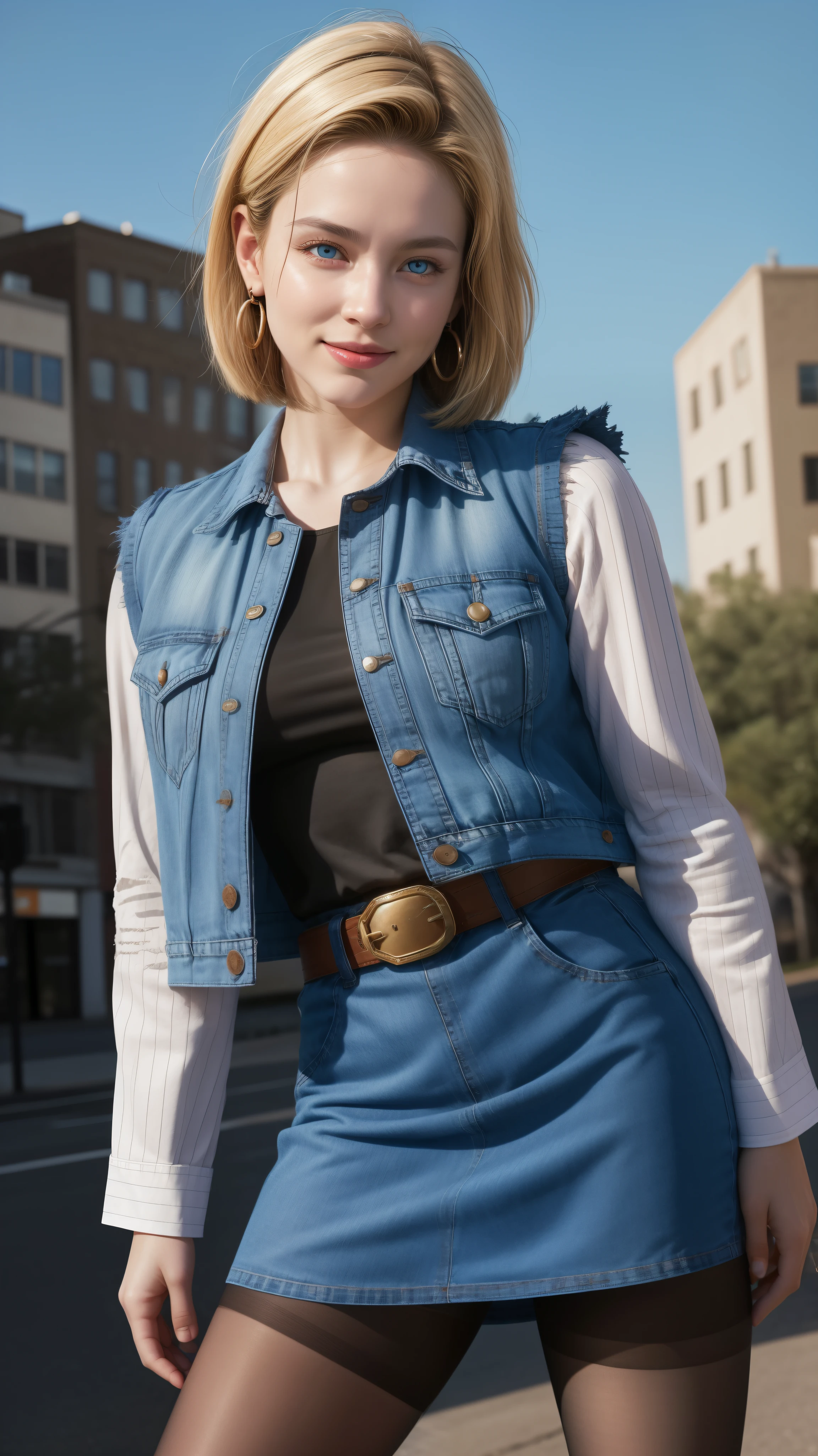 (photo realistic:1.4), (hyper realistic:1.4), (realistic:1.3), (smoother lighting:1.05), (increase cinematic lighting quality:0.9), 32K, 1girl,20yo girl,android 18, 1girl, solo, (blue eyes), short hair, blonde hair, earrings, very realistic skin, sweat, light on face
denim skirt, blue skirt, pencil skirt, black shirt, torn shirt, long sleeves, striped sleeves, brown belt, black pantyhose, denim vest, blue vest, large breasts
smile,closed mouth,cowboy shot,
city ,outdoor, sunny, fighting scene,
,Realistic,8K RAW Photos,Travel style, HDR, high contrast