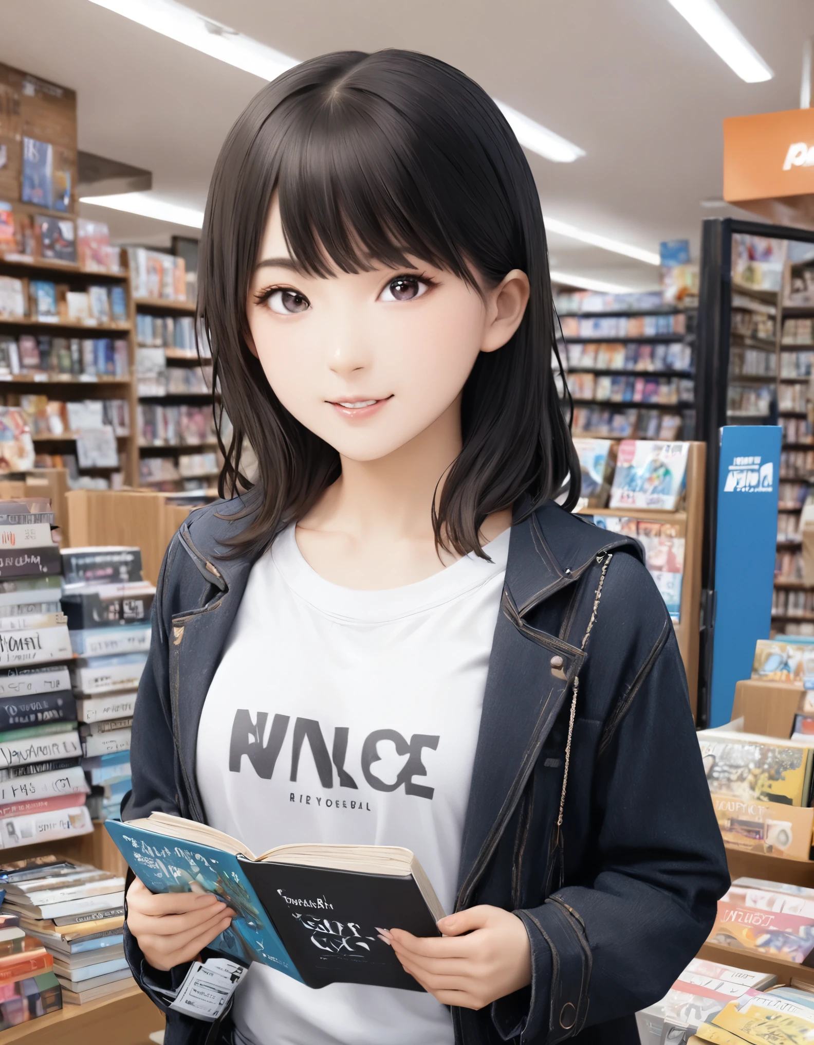 (best quality:1.2), 1girl, book store