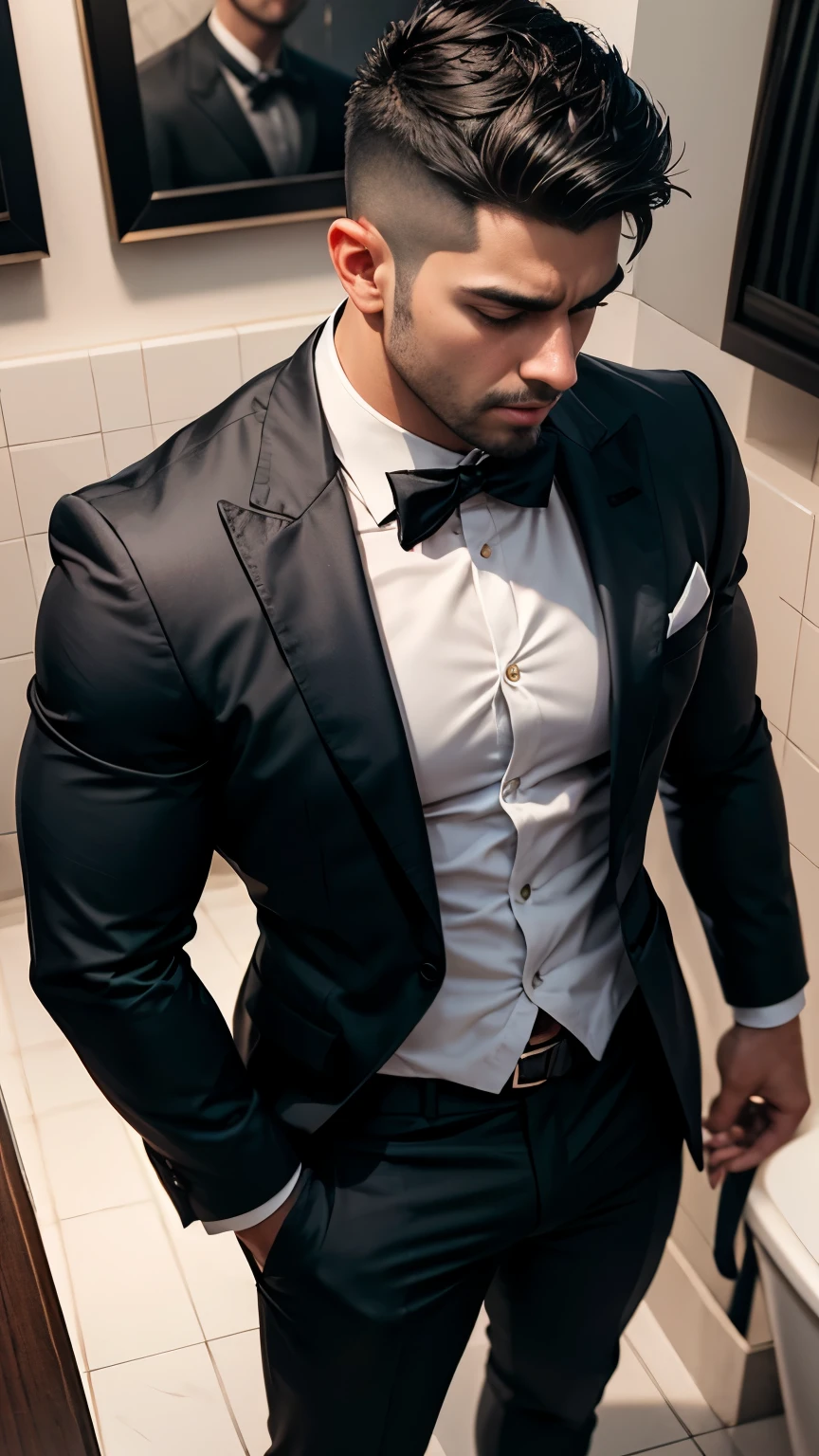 Tall and small head, from above view, indian handsome dark body color man standing and his perfect penis coming out from pant in washroom doing toilet, pain is ragging on face, mouth open during moaning and pain, perfect big penis is coming out from pant, Fashionable short hair! Shave both sides! Indian man in a suit, high-quality portrait, very fine and exquisite fan painting, theme details: wearing a suit, detailed animation character art, neatly dressed. Sexy painting, handsome animation posture, wearing a rigorous business suit, detailed fan painting, elegant digital art, detailed digital animation art, high-quality fan painting with black, gray and dark color as the main colors, reflecting maturity and stability. ,Indian Male(Chest hair:1.5) ! High detail 8K)! ((Realis (Chest hair: 1.5) ! High detail 8K)! White shirt((Realistically)), ! 186 cm! 70 kilograms! Popular clips! ( High-detail 8k ((realistically)), best quality, bright lighting, focus, theater! 3, hairy breasts, t, Reddit, photo realism, ! Short hair! Black hair!