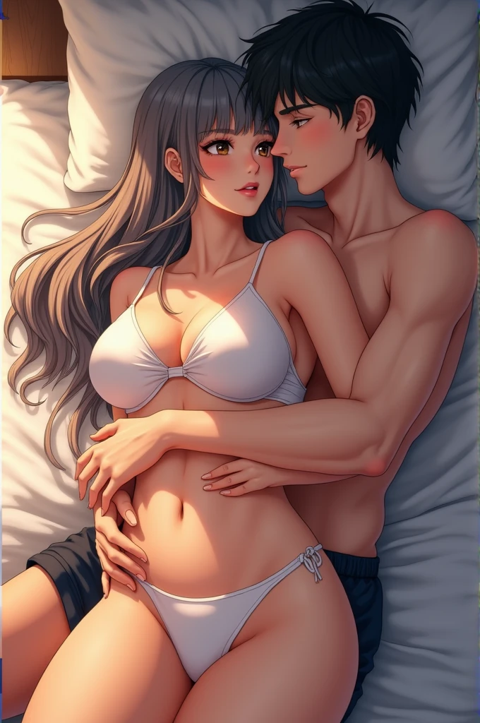 they are two people in a bedroom one is kissing the other is laying on the bed, romance novel cover, passionate pose, sexy dominant pose, commission for high res, dominant pose, (short black hair),(blue eyes), (16 years old), in her room