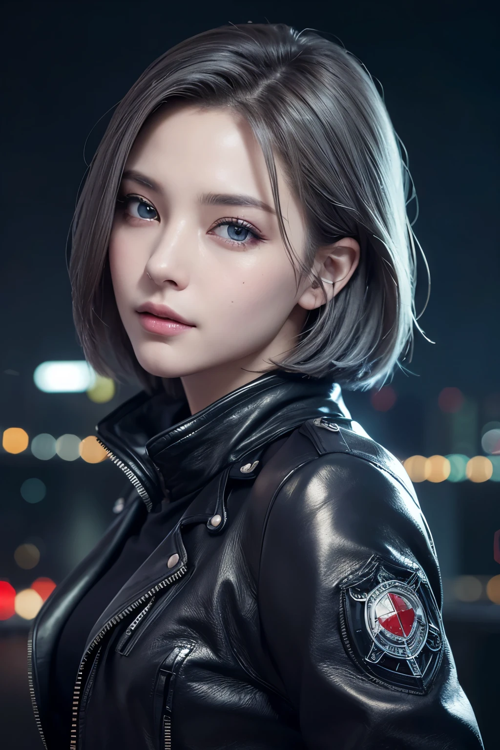 (((masterpiece)))、((((Highest quality))))、(((Super detailed)))、(Photorealistic)、Beautiful woman in cyberpunk fashion in black leather jacket、((Very delicate and beautiful face and eyes))、Eyes a little blue、A lonely smile、Focus on the face、Slightly dark silver-gray short bob hair、Futuristic night city、Gorgeously illuminated buildings、Sharp Focus、Soft Focus、Cinematic Sophistication、Deep Shadows、Fantastic beauty、(It&#39;s raining and everything is wet)、Beautiful reflection of light、Dramatic atmosphere、