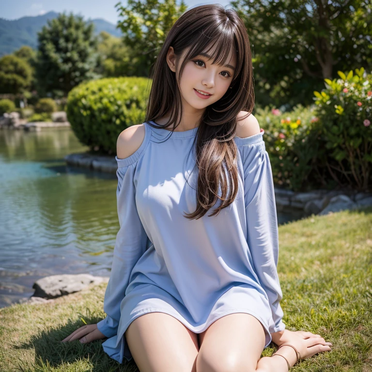 smile,((NSFW)),(Best Quality:1.2), Female dog,(Female organ:1.1),8K, Raw photo, Beautiful sexual woman, ((Her naked lower body is visible under her clothes.、股間のFemale organが見えている:1.3)),Detailed face and eyes,(((Alice in Wonderland:1.3))),whole body,amazing,((A fairy-tale, unrealistic world:1.2)),In the garden with a fountain
