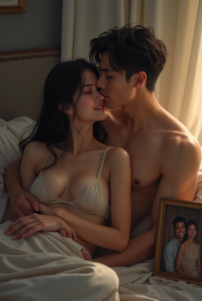 A secret rendezvous of two in a rooftop Attic, under the moonlight, 1 man,1Female,ใบหน้าที่very detailed, (realistically),(perfect),(Portrait,romantic,night scene,Attic,moonlit night,Serene atmosphere,soft light)(best quality,very detailed,realistic),((topless)),(whispered conversation,intimate gesture,((gentle touch)),(romantic encounter,Hidden love affair,Stolen Moment)(Mystical Shadows,dust in the air)(Nostalgic feelings,Antique furniture,old wooden beams)(A comfortable refuge,comfortable sofa,soft cushion)(whispers of love,man and woman,Embrace each other.,Lingering gaze,((have sex)),((topless)),Gentle breeze)(delicate color,Warm colors,soft light)(Glittering Stars,shining moonlight,night sky)