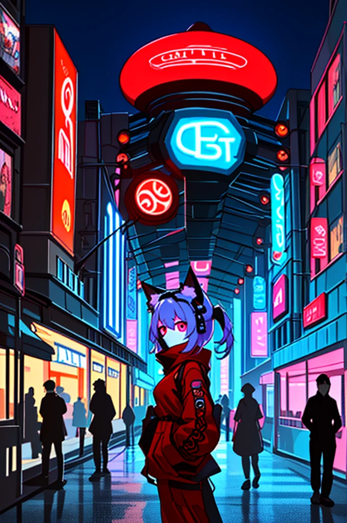 The image is a digital illustration of a young woman in a futuristic city at night. She is wearing a black and red outfit with cat ears on her head and a mask covering her mouth and nose. The outfit is made of a shiny, metallic material and has a high neckline and long sleeves. The woman is standing in the middle of a busy street with tall buildings on either side, and there are neon signs and advertisements on the buildings. The street is lit up with red and blue lights, creating a neon-like atmosphere. The overall mood of the image is dark and mysterious.

