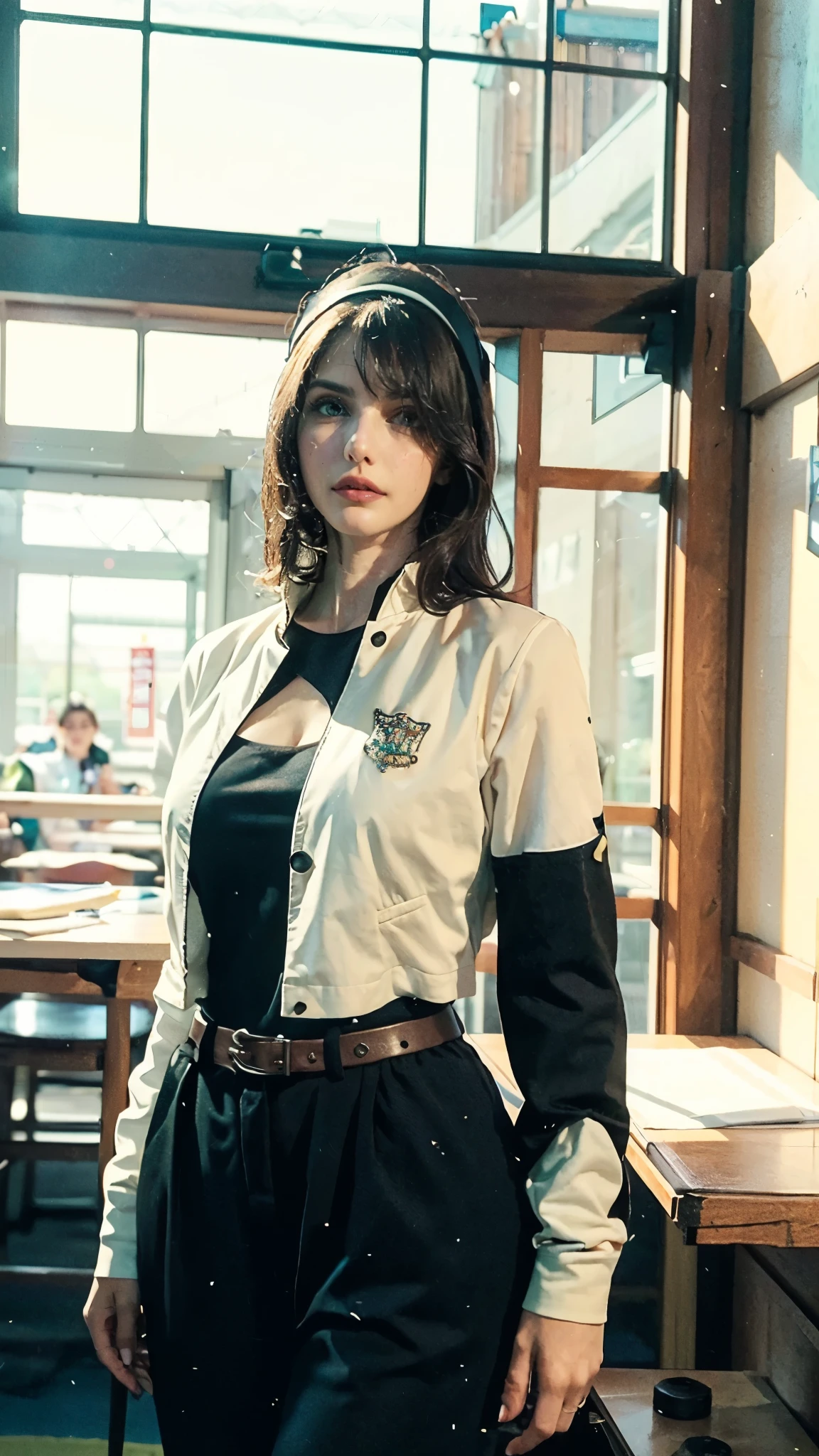 (masterpiece:1.2, best quality:1.2, extremely delicate:1.2), ((Alexandra Daddario:1.2)), a young women with short purple hair, side-parted bangs, wearing a headband, a determined gaze, a serious expression, a futuristic fantasy-style leather jacket featuring multiple ring designs, a belt with a large circular buckle, matching pants, leather fingerless gloves, green flames swirling around his hands, the background features a complex futuristic fantasy-style street, this character embodies a finely crafted futuristic fantasy-style street fighter in anime style, exquisite photography, Photo realism, photorealistic, perfect skin, dramatic, high definition, highres, ultra-detailed, ultra-fine painting, professional, perfect body proportions, golden ratio, anatomically correct, symmetrical face, extremely detailed eyes and face, high quality eyes, creativity, RAW photo, UHD, 32k, Natural light, cinematic lighting, (masterpiece-anatomy-perfect:1.2)