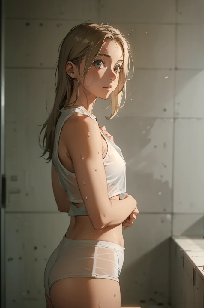 最high quality, masterpiece, One girl with anorexia, Beautiful Face, (Photorealistic photography:1.3), Rim Light, (Skin with attention to detail:1.2), 8k UHD, Digital SLR, high quality, High resolution, 4K, 8k, Bokeh, (Genuine: 1.3), Small face, pretty girl, Blonde Hair,Completely naked,I take a shower