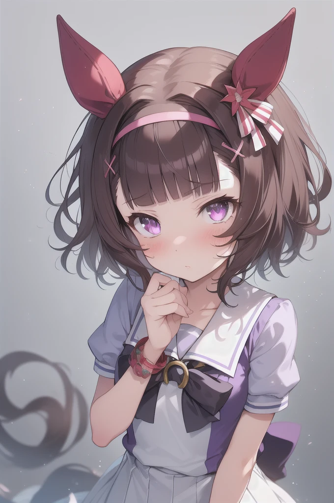 nishino flower\(umamusume\),tracen school outfit,summer uniform,standing,ringed eyes,blush,sweet,steam,purple eyes,bob cut,Perfect anatomy,ultra detailed,ultra resolution,best illustration,masterpiece,dynamic shadow,detailed face,cute eyes,