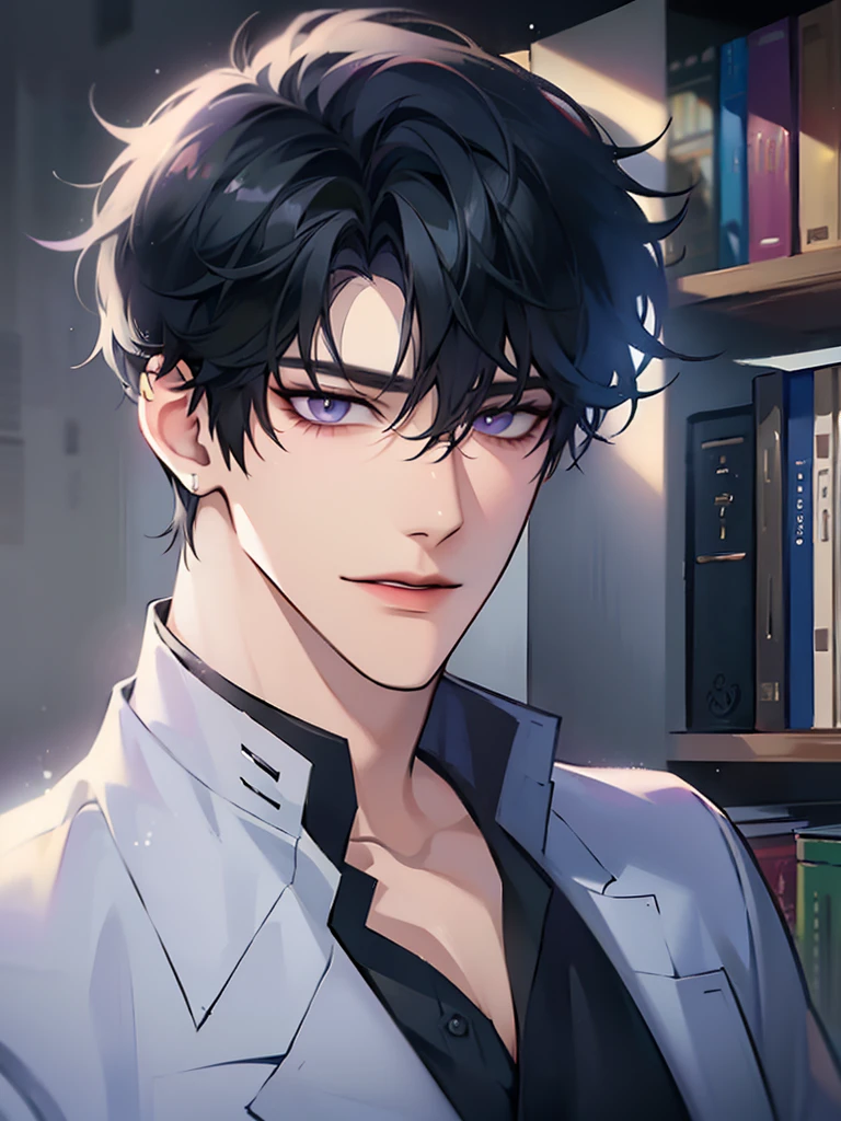 (masterpiece, 8k, high quality, best quality:1.6), 1boy, solo, short hair, black hair, asymmetrical fringe, purple eyes, handsome, sharp eyes, (mature male, mature:1.2), male focus, fashionable, tucked in open white collared shirt, gray pants, necklace, close up, smile, long eyelashes, detailed face, beautiful detailed eyes, intricate details, detailed eyes, soft shadows, perfect anatomy, indoors, home office, bookshelf, desk