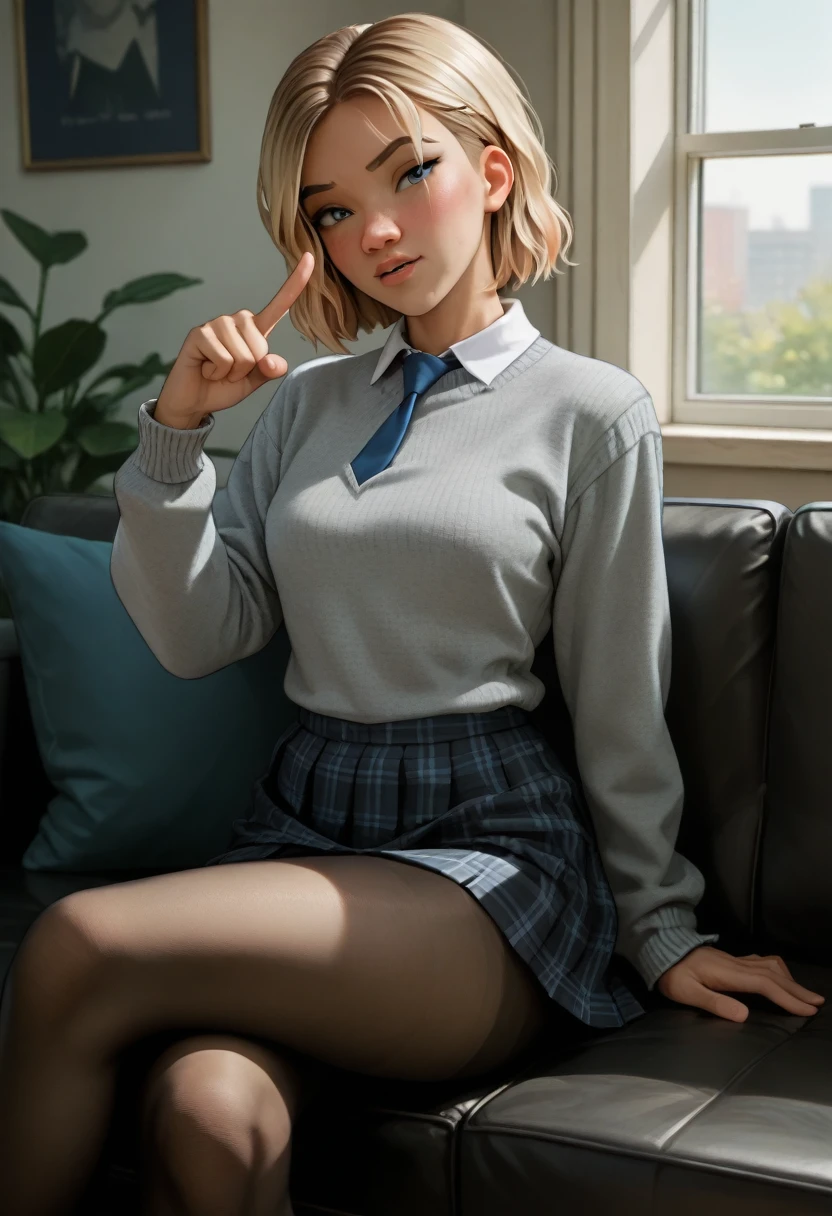 Gwen Stacy, grey sweater, White shirt, blue tie, dark pantyhose, sitting on a sofa, crossed legs, flushed, , black pantyhose, , seductive look, black plaid school skirt., a hand pointing to come. 