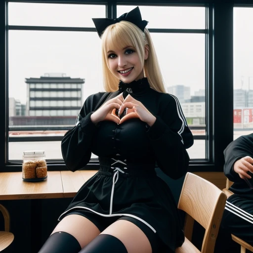 (photorealistic:1.5), (8k, high quality, shot on Fujifilm X-T4, 1/200, f16, ISO 1250), huge breasts, maid cafe, (heart hands:1.5), 1girl, blond girl in (gothic costume:1.2) standing, blond hair, (green eyes:0.8), (detailed lips:0.8), (blush:1.1), smiling, skin textures, slim waist, stockings, bowtie, (foods on table, multiple boys in track pants sitting on chair:1.2), indoor, windows, reflection, colorful signs in akihabara