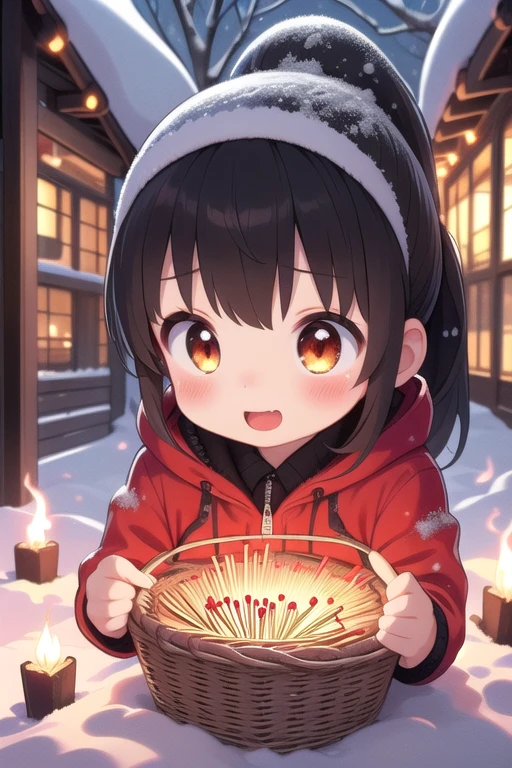 masterpiece,ultra detail,best quality,1girl,petite,black ponytail,blush,evil smile, open mouth,night,outdoor,snow,lit match,red hooded jacket,match,arson,torch,flare,basket,head down,illusion,vision,empty puils,(((countless lit match on snow,flame)))