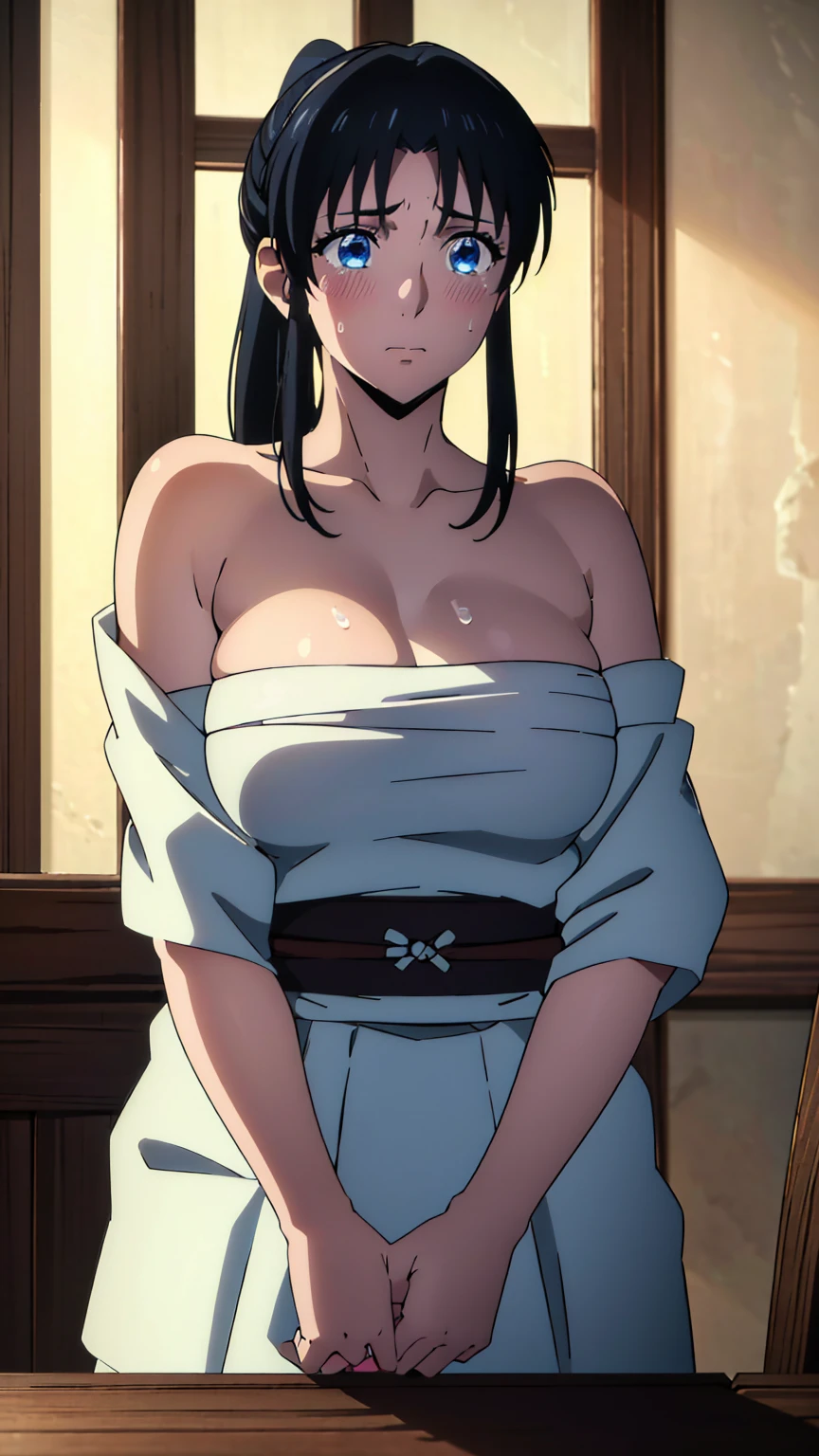 highest quality, High resolution、big breasts、sad expression、NSFW、white breath、A shy look、shame、humiliating、tears、blush、full of sweat、white skin、Black hair elastic、Kaorukamiya, Kaoru Kamiya, Blue eyes, black hair, ponytail , Bandaged, sarashi, chest Sarashi, Hadhanungi Dusa, back, skirt, BREAK looking at viewer, BREAK outdoors, BREAK (table top:1.2), (Beautiful detaileded eyes:1.6), extra detaileded face, perfect lighting, (perfect hands, perfect anatomy)、mature woman、Big Areola、(masterpiece、highest quality)、 Super high resolution, (realistic:1.4),(Realistic like the photo:1.4)、 (Super high resolution:1.2), High resolution、A perfect masterpiece, highest quality, be familiar with, soft dim lighting, addition_detailed, good lighting、A highly detaileded、Highly detaileded CG Unity 8K wallpapers、enlightenment、((beautifull detaileded face))、side lighting、((enlightenmentnbest))、Highly detaileded eyes、perfect lighting、(1 person)、solo focus、shiny skin