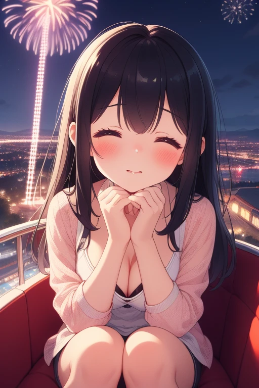 masterpiece, best quality,girl,ultra detail,blush,closed eyes,kissing,close up,cleavage,shy,night,town,ferris wheel,overlooking the scenery,glass housing in low sky,amusement park, sitting facing viewer,fireworks,spoken heart,join hands