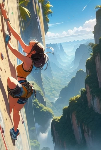 (masterpiece, best quality), 1girl, (((free solo climbing))), ((hands on cliff)), ((raise head)), ((sweat)), ((fluttering hair)), ((sneakers)), ((pendant)), (crop top), (shorts), holster, fog, sky, jungle, canyon, high sky,