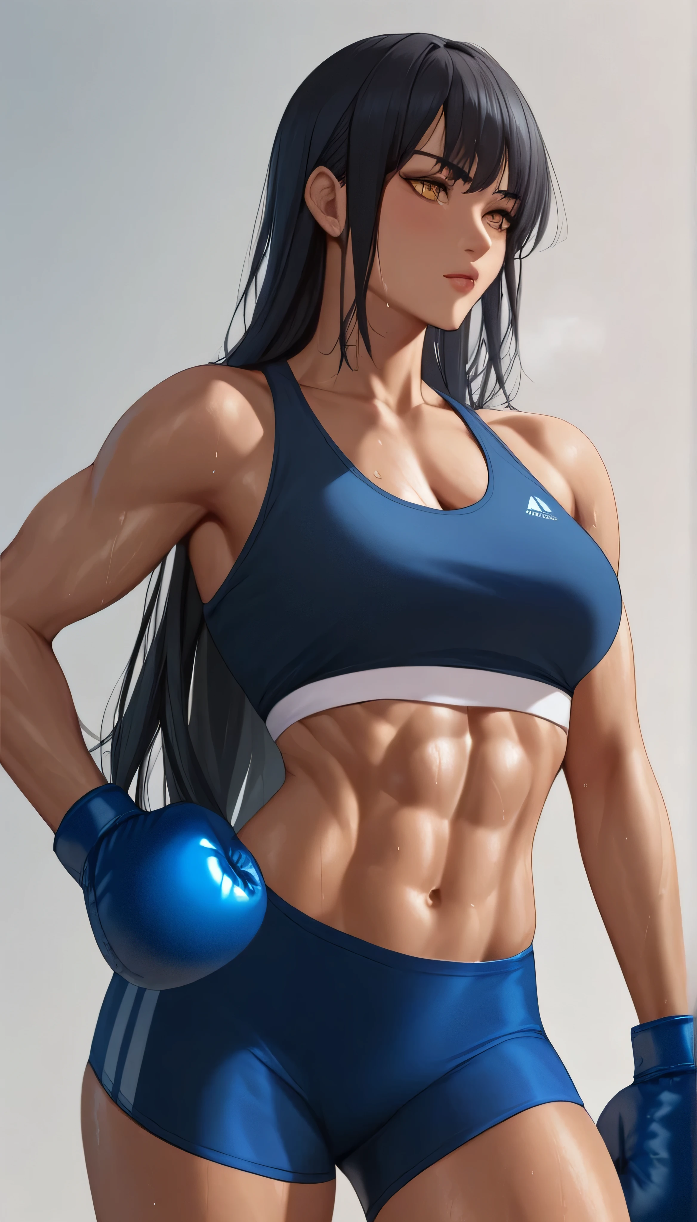 black hair,masterpiece,best quality,highres,ultra-detailed,aashizue,yellow eyes,long hair,(sports bra:1.2), boxing gloves,toned, muscular,sweating, (sleeveless:1.4),cowboy shot,
