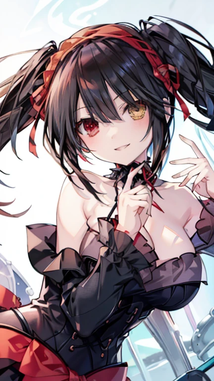 ((1girl)), (tokisaki_kurumi), (8k,16K,best quality,high-resolution,detailed fingers,detailed hands,detailed eyes,detailed legs:1.5),  ((seductive smile),(heterochromia,black hair,long hair,Twin tails, hair band, Red ribbon,Cleavage, Black choker, Exposing shoulders, Gothic, Red dress, Red Bow, Removable sleeves),((huge breasts),(beautiful breasts,curvy)),  (night,school)