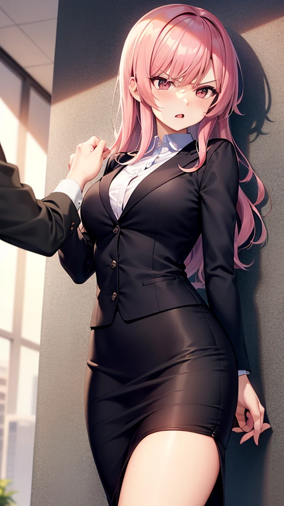 masterpiece, best quality, high detail, beautiful angry business woman punching wall, solo focus, long wavy hair, pink hair, (black blazer), (black midi pencil skirt), long skirt, ((muscles)), abs, tight clothes, wide hips, office building, 