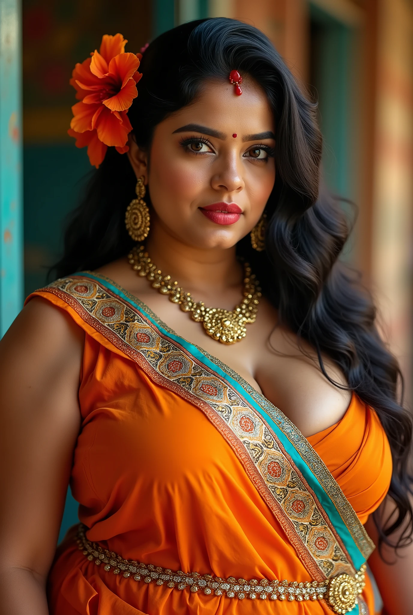 Arafed woman in an orange sari with a flower in her hair - SeaArt AI