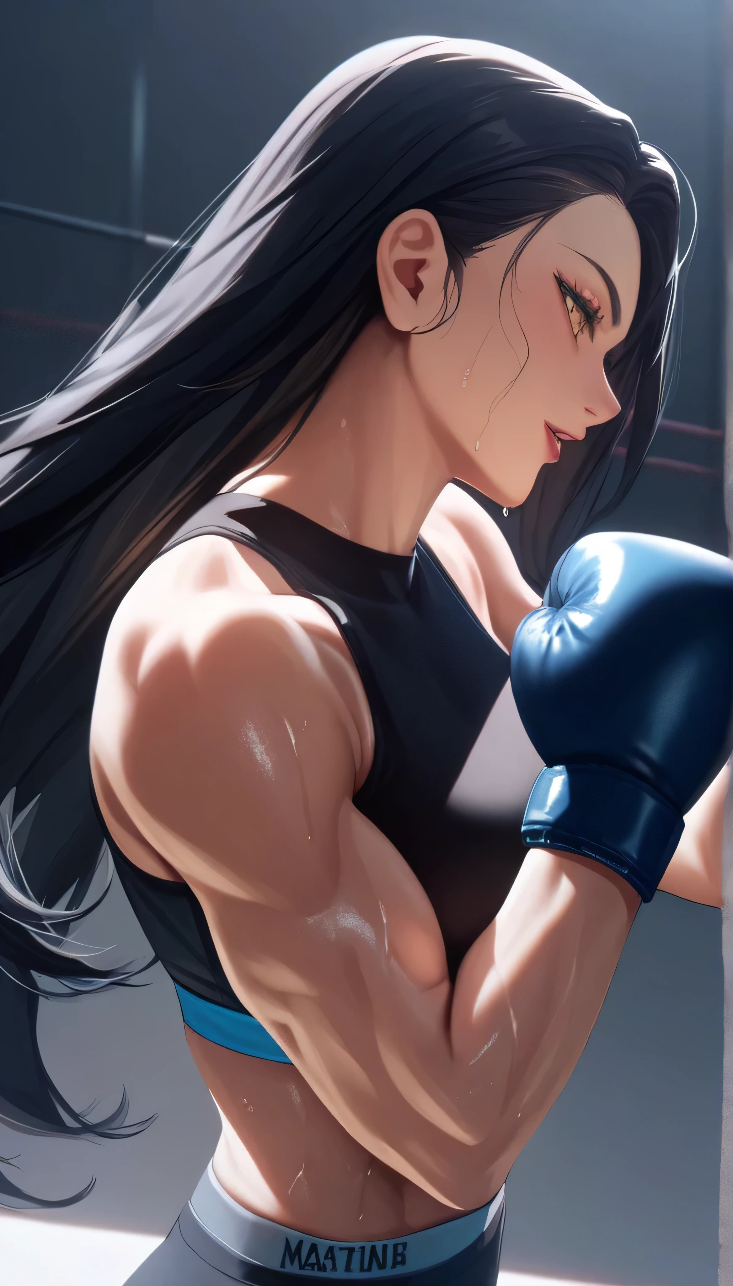 black hair,masterpiece,best quality,highres,ultra-detailed,aashizue,yellow eyes,long hair,(sports bra:1.2), boxing gloves, toned, muscular,sweating, (sleeveless:1.4)