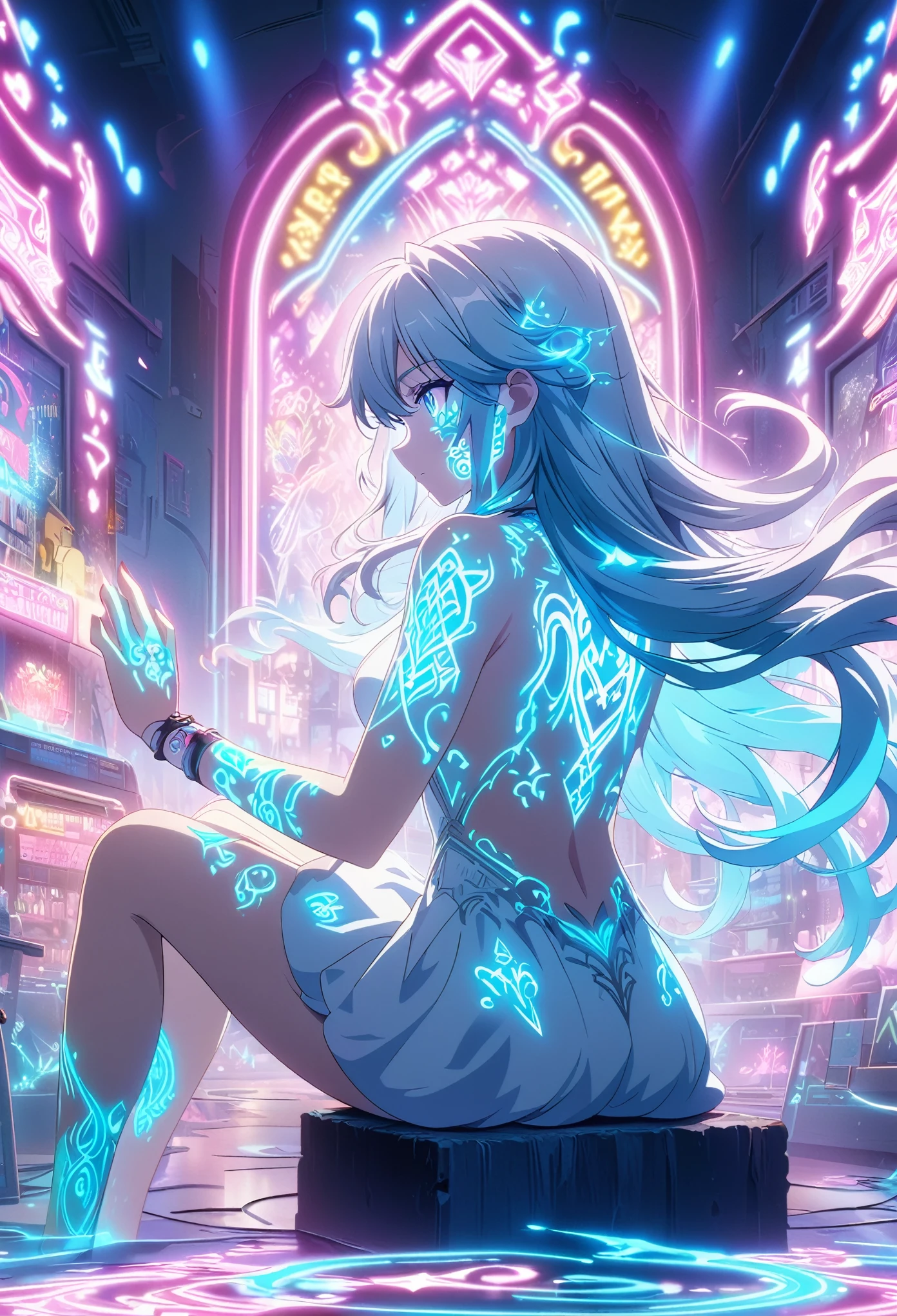 masterpiece, best quality, extremely detailed CG unity 8k wallpaper, Anime Screenshots, Artistic anime illustration of a woman adorned with glowing neon magic tattoos all over her body and face, The tattoos on his arms and legs are a mix of pink, blue and white runes, It emits a neon light, She has long, flowing hair, This scene has a dreamy soft focus effect, It emphasizes the dreamy glow of the tattoo, Back of hand, sit, neon Sword, shild