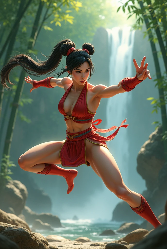 Japanese girl 18 years old ,  ((full body)), ((Leg kicking)), ((fighting pose)), kung fu outfit, japanese , karate style , fighting pose, cute nose, perfect face, full lips, brunette ,(amazonian physique:1.3), (fit:1.3), (toned muscle:1.3), (muscular:1.3),  (six-packs abs:1.1) nice perky breasts,  chinese , karate style , kung fu outfit , long hair in a braid ,kicks , kung fu , strong body ,  in nature , forest , trees ,  quality 8k  photo-realistic, highly detailed, high detail RAW color art, diffused soft lighting, sharp focus, hyperrealism, ultra highres:1. 2, 8k, UHD, high quality, realistic photo, (best quality:1. 5), highly complex, perfect shadows, 5 finger hands