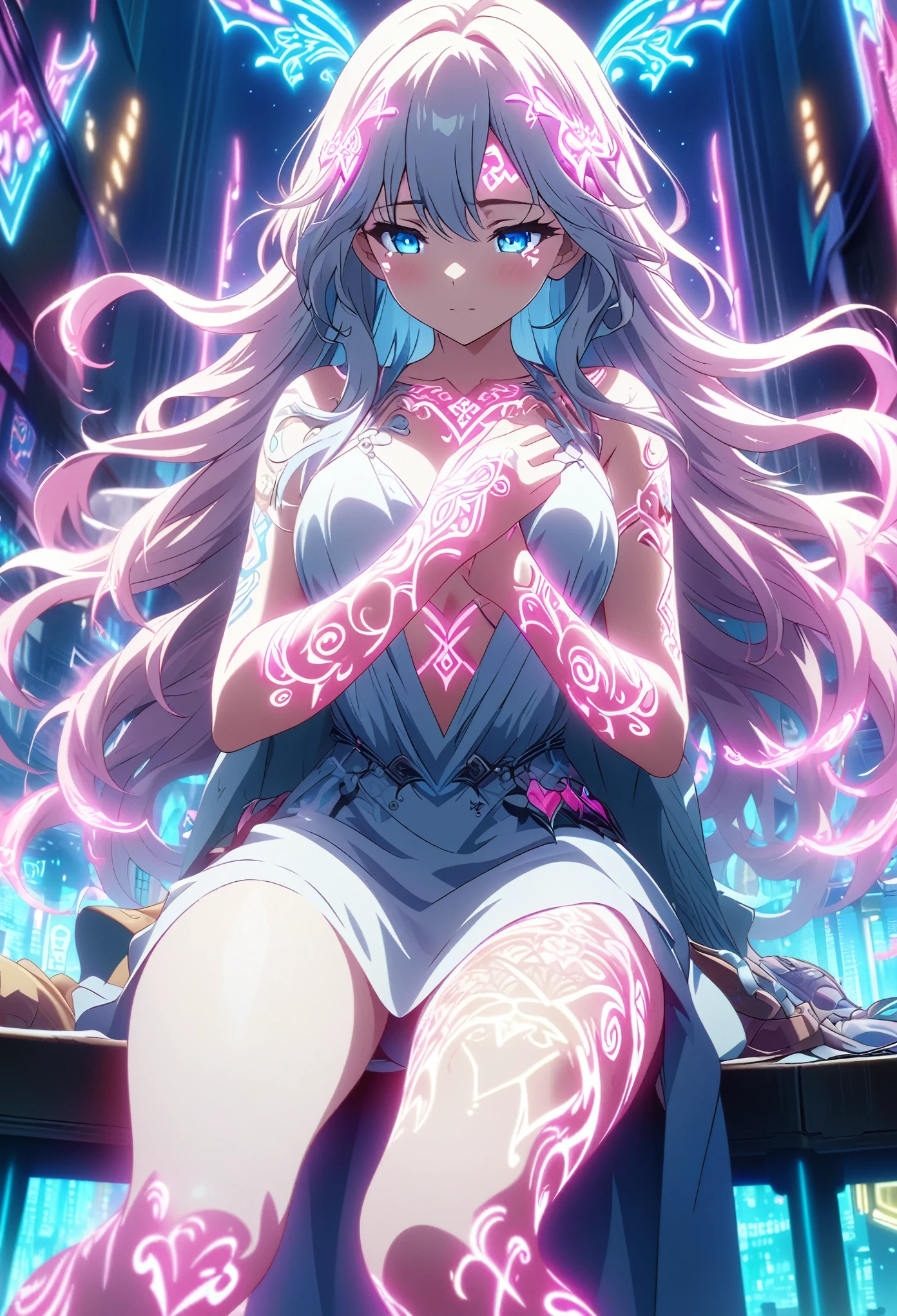 masterpiece, best quality, extremely detailed CG unity 8k wallpaper, Anime Screenshots, Artistic anime illustration of a woman adorned with glowing neon magic tattoos all over her body and face, The tattoos on his arms and legs are a mix of pink, blue and white runes, It emits a neon light, She has long, flowing hair, This scene has a dreamy soft focus effect, It emphasizes the dreamy glow of the tattoo, Back of hand, sit, neon Sword, shild