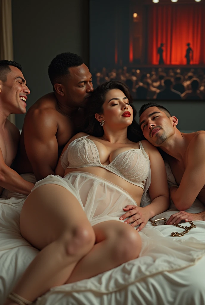 I am a mature wife sitting on the bed，whole body、thick legs、round ass、The perfect apron outfit,Men lick my face with their tongues,The guys lick my head with their tongues,Men lick my hair with their tongues,My body is licked by men,sleeping face, Close ~ eyes,Open your mouth，Huge breasts, mature women, Cover your breasts with clothes )，on the bed，background：bedroom，naked blackman，Strong black man，naked man。Tight transparent underwear，long white evening skirt，Camel toe，High heel，on the stage（background：Male audience，Male audience），Well-proportioned body，Thin legs，open mouth，Handcuffs，BDSM，chains，dog-chains
