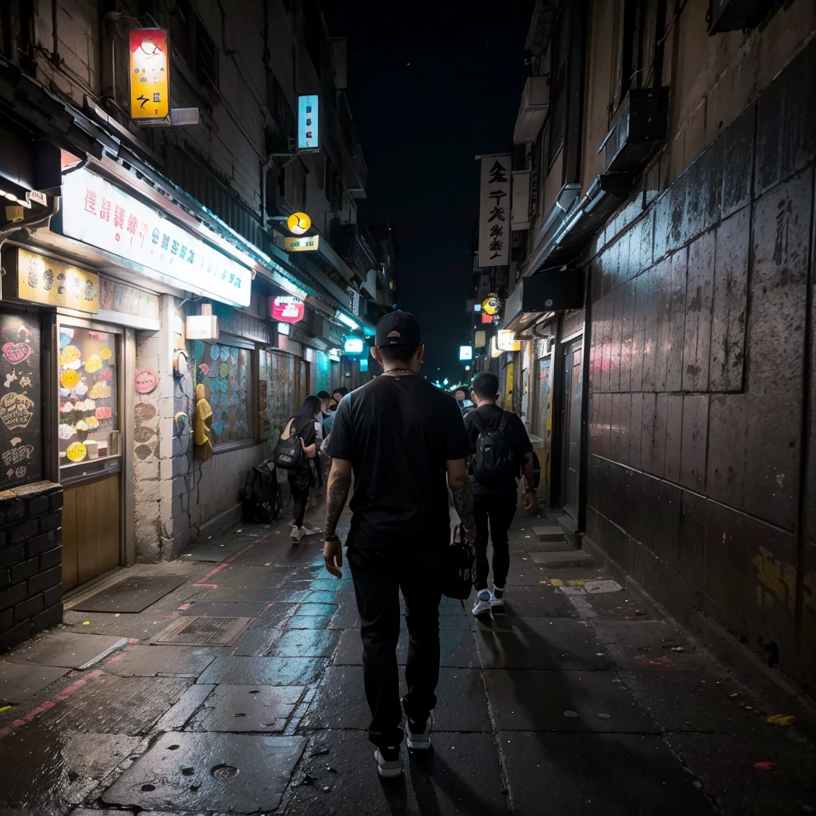 city street, night, neon light, stairs, (taipei downtown scenery), (asian rapper wearing edg90hh_clothing
 silhouette from back, from behind), (city skyline)