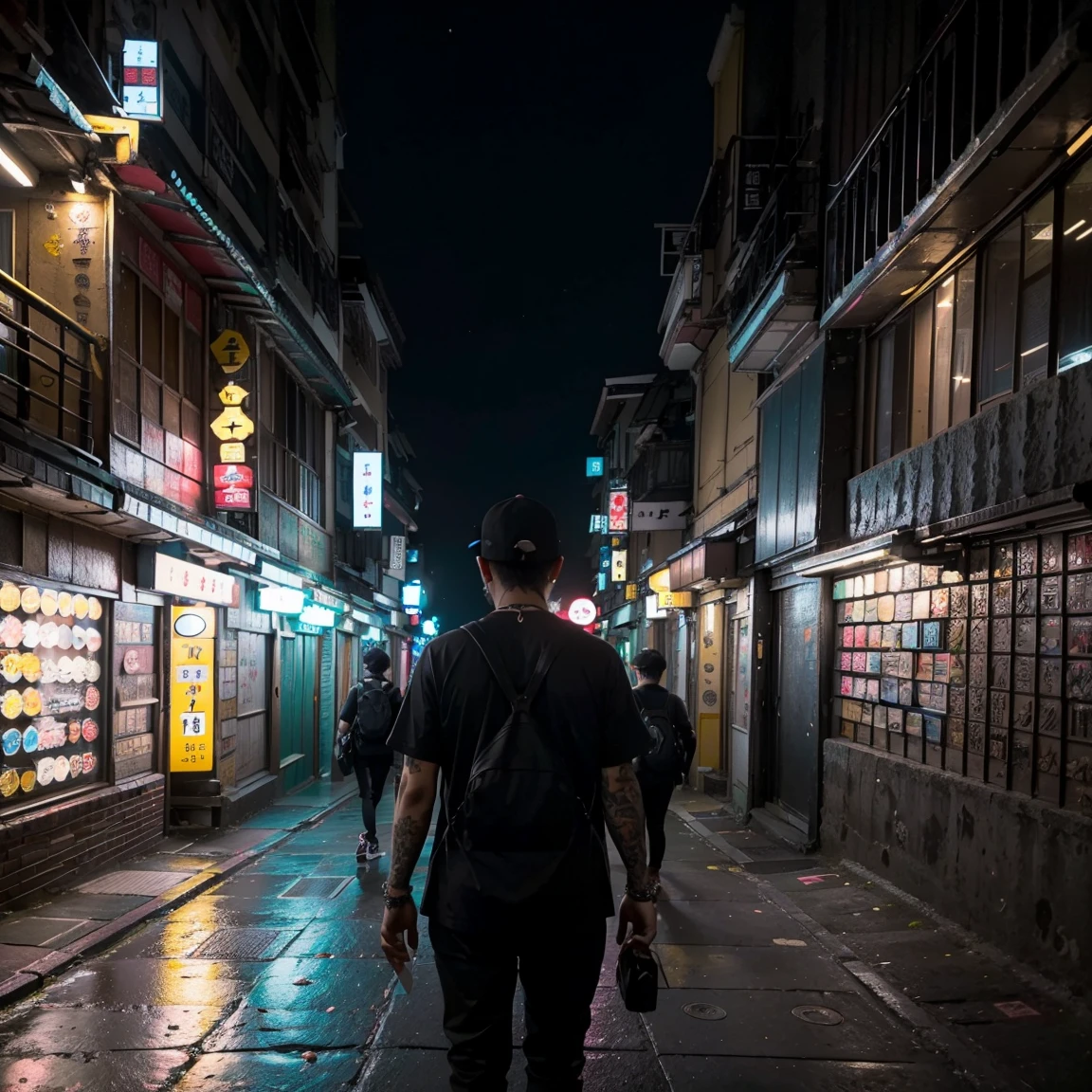 city street, night, neon light, stairs, (taipei downtown scenery), (asian rapper wearing edg90hh_clothing
 silhouette from back, from behind), (city skyline)