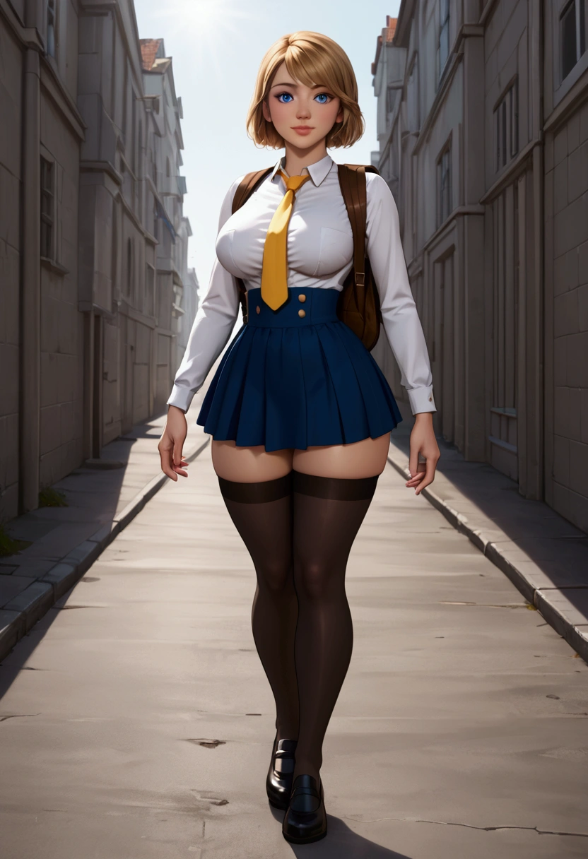 A stunning, intricate full-color portrait in Ultra-HD,  girl, detailed face, Short blonde hair, blue eyes, She will be wearing a  with a white shirt with buttons, a short yellow tie and a very small short wide skirt that you can see her white underwear., but the skirt will be wide, short and made of fabric , He will be wearing long white stockings and it will be placed on each of his legs up to the height of his buttocks., very giant breasts, sensual and very sexy body, very thin waist, very large hips that appear full body, epic character composition, albi albi, nina masic, sharp focus, natural lighting, Subsoil Dispersion, F2, 35mm, landscape: He will be outside a school and will have a brown backpack hanging on his shoulders., The shot will be from bottom to top and you will be able to see his underwear. , lowering her skirt