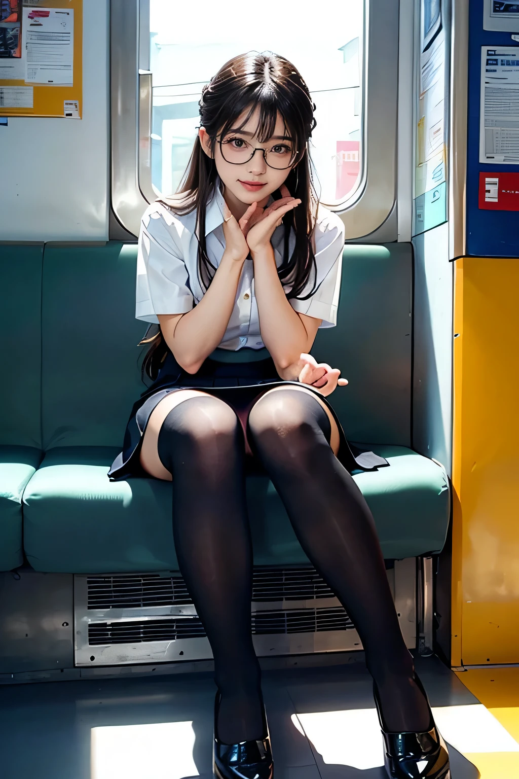 4K.Sharp focus、(((Sit well))), Beauty sitting on train seat, Taken from the opposite seat, Knee height seat, View Photographer, Tall Woman, One Woman, whole body, (Smiling at the photographer), tight skirt, (Over the knee socks), High heels, Sexy Dress, Long legs, Heavy makeup, Perfect Makeup, Perfectly styled hair、Clothes that show the chest、Glasses、Thin and long elbows、(School girl wearing a white blouse) 、Perfectly symmetrical eyes、Fuller lips、Ample breasts、Tight waist、Sweaty thighs、２Book Arms、(Over the knee socks)、(Accurate joint placement５Book fingers)、A woman with anatomically correct muscles and bones、school uniform