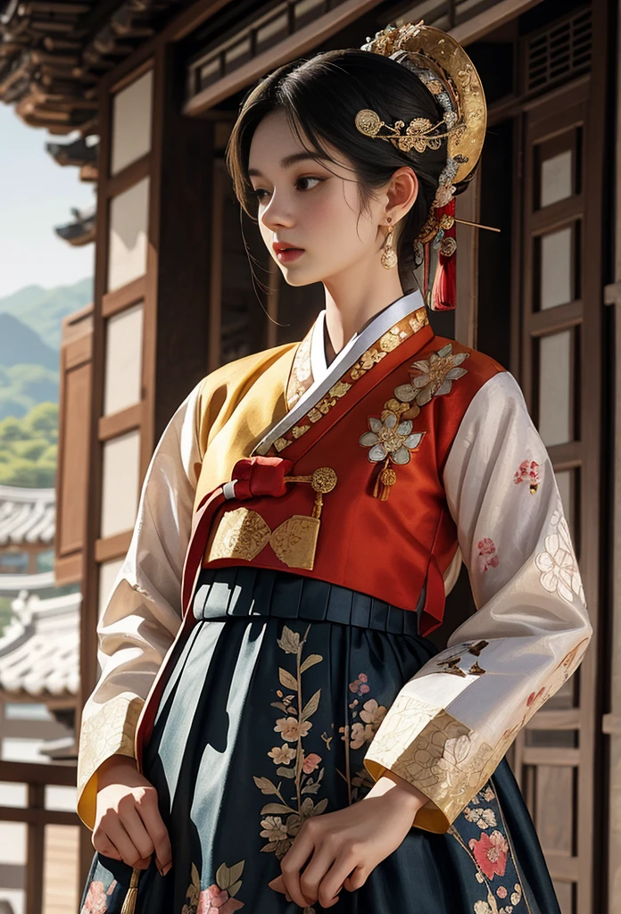 (masterpiece), (Detailed illustrations), best quality, Illustration, (intricate details), (realistic, photorealistic realistic: 1.37), illustration, Very delicate and beautiful, very detailed, 8K wallpapers, amazing, delicate details, high resolution, very detailed eyes and face, Full body front view, (looking for a viewer:1.4), Hanok, Classic Korean House, Korean woman, A girl wearing a hanbok, (20 years old), pale skin, Golden hairpin with black hair tied back in a bun, headdress, earring, floral pattern, Summer Hanbok, The beauty of classical and highly detailed traditional Korean clothing, High saturation colors,