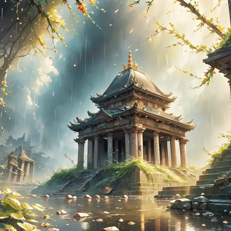 (best quality, masterpiece),( Dark sky, Heavy rain, Inside the abandoned temple, Low water level, ), Realistic background, 2112, Light*_Black_particle,