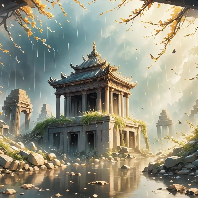 (best quality, masterpiece),( Dark sky, Heavy rain, Inside the abandoned temple, Low water level, ), Realistic background, 2112, Light*_Black_particle,