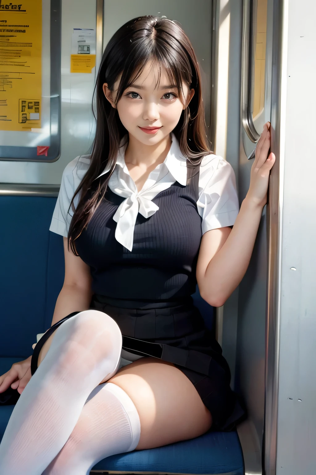 4K.Sharp focus、(((Sit well))), Beauty sitting on train seat, Taken from the opposite seat, Knee height seat, View Photographer, Tall Woman, One Woman, whole body, (Smiling at the photographer), tight skirt, (Over the knee socks), High heels, Sexy Dress, Long legs, Heavy makeup, Perfect Makeup, Perfectly styled hair、Clothes that show the chest、Glasses、Thin and long elbows、(School girl wearing a white blouse) 、Perfectly symmetrical eyes、Fuller lips、Ample breasts、Tight waist、Sweaty thighs、２Book Arms、(Over the knee socks)、(Accurate joint placement５Book fingers)、A woman with anatomically correct muscles and bones、school uniform,