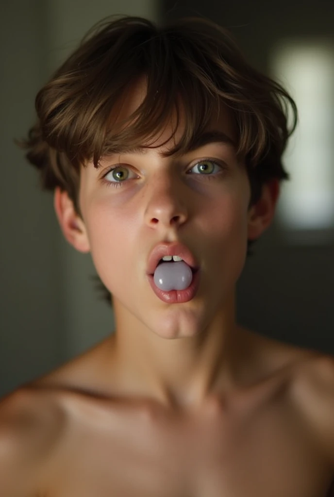 Young man of short stature, pale skin, flat chest, slim, by the wavy cut, small face, green eyes, black hair, sitting in bed, View from above, open mouth sticking out tongue, white jelly dripping off the tongue, squinted eyes, pale nipples