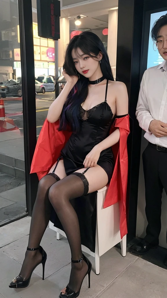 there is a woman sitting on a bench in a black dress, very sexy outfit, sexy girl, sexy style, chinese girl, asian girl, korean girl, 21 years old, an asian woman, gorgeous chinese model, 2 2 years old, 2 8 years old, full body xianxia, 2 3 years old, 18 years old, sexy outfit